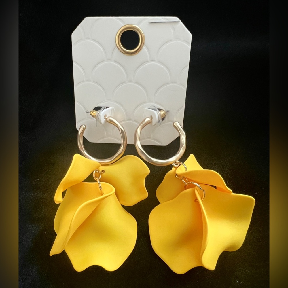 Yellow - Metal Hoop Petal Link Dangle Earrings